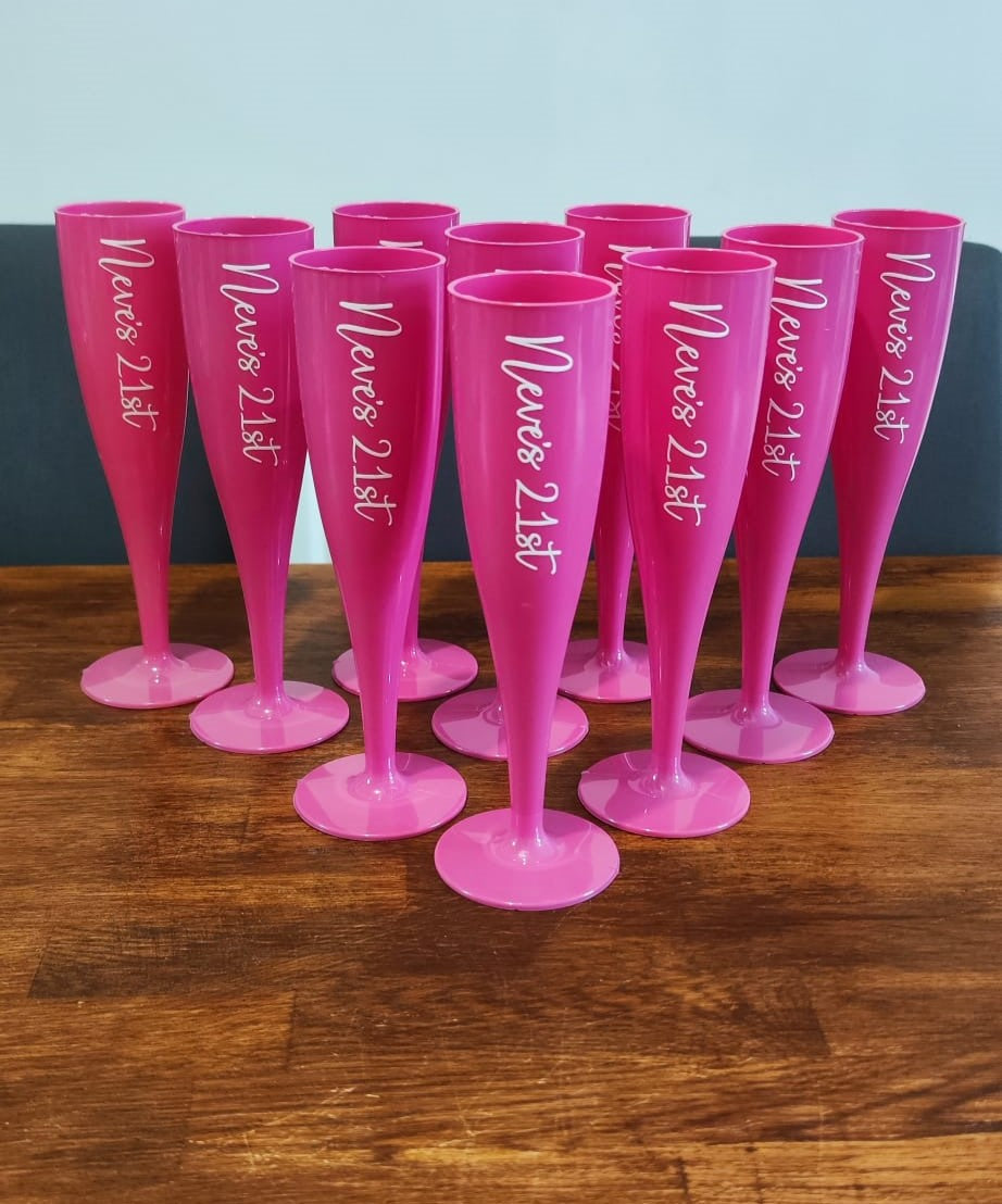 Personalised Pink Champagne Flute | Plastic Glass | Hen Do Glass | Prosecco Glass | Polycarbonate Glass | Biodegradable | Bridesmaid Gift |