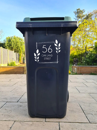 Custom Wheelie Bin Sticker-Decal | Leaves & Lines Design | Address Sticker | Personalised Sticker | Wheelie Bin Numbers | House Name #010