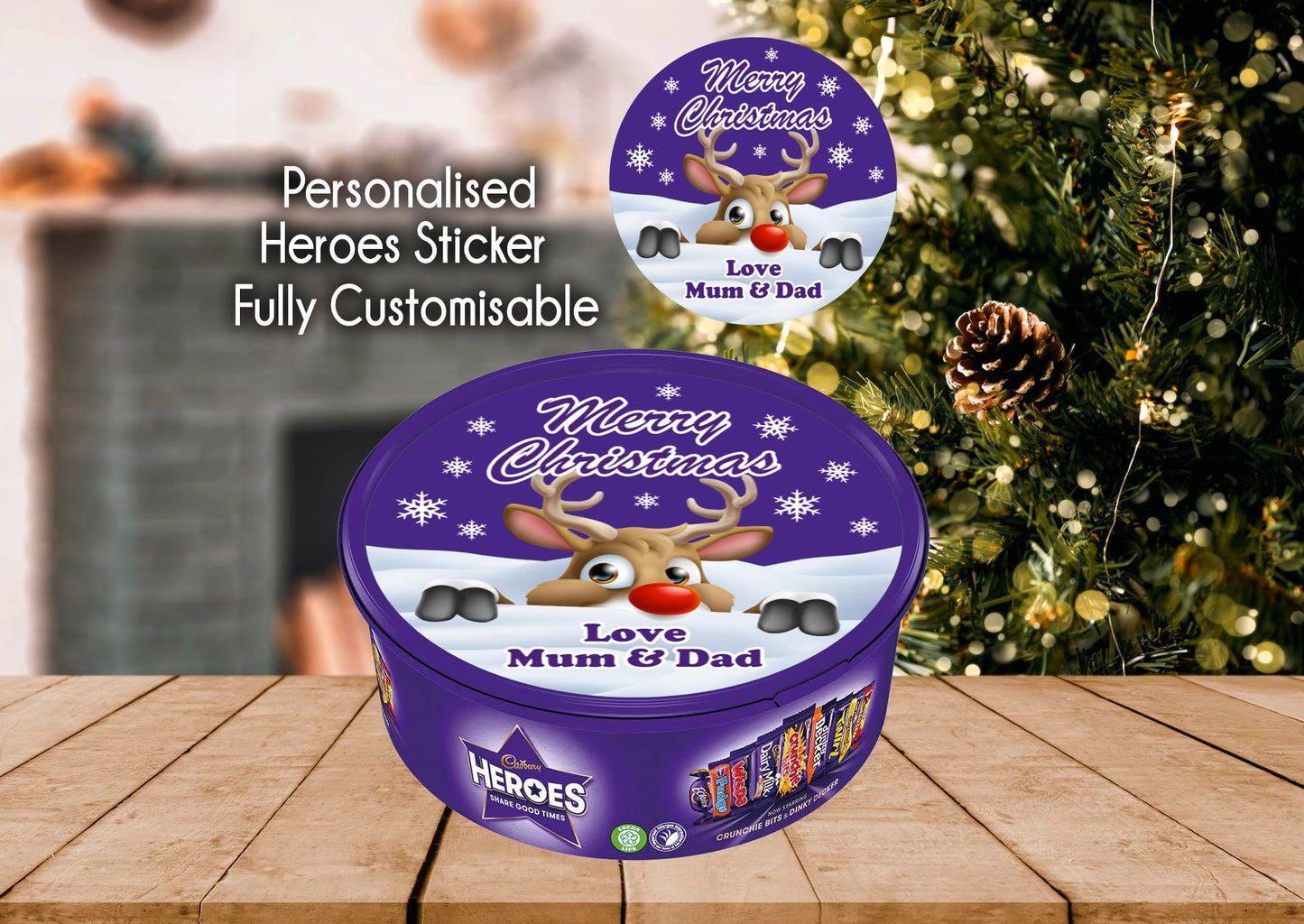 Personalised Heroes Tub Reindeer Christmas Chocolate Tub Sticker Label