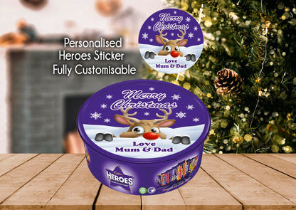 Personalised Heroes Tub Reindeer Christmas Chocolate Tub Sticker Label