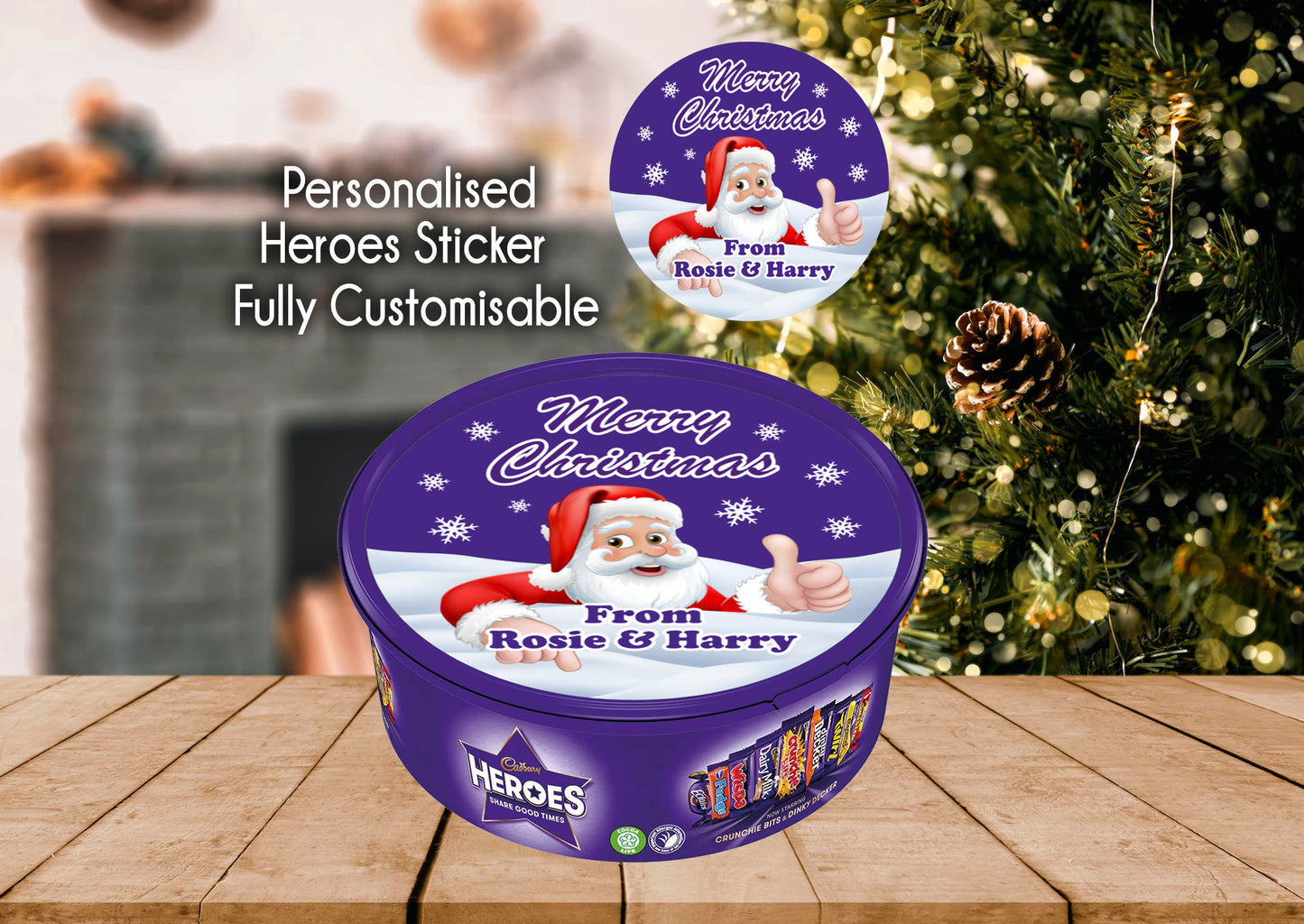 Personalised Heroes Santa Christmas Chocolate Tub Sticker Label