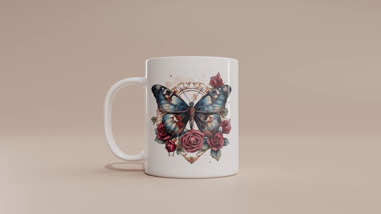 Tattoo Style Butterfly & Roses Mug | Personalised Mug | Coffee Tea Cup Gift For Her | Valentines Gift For Her | Mothers Day Gift | Tattoo