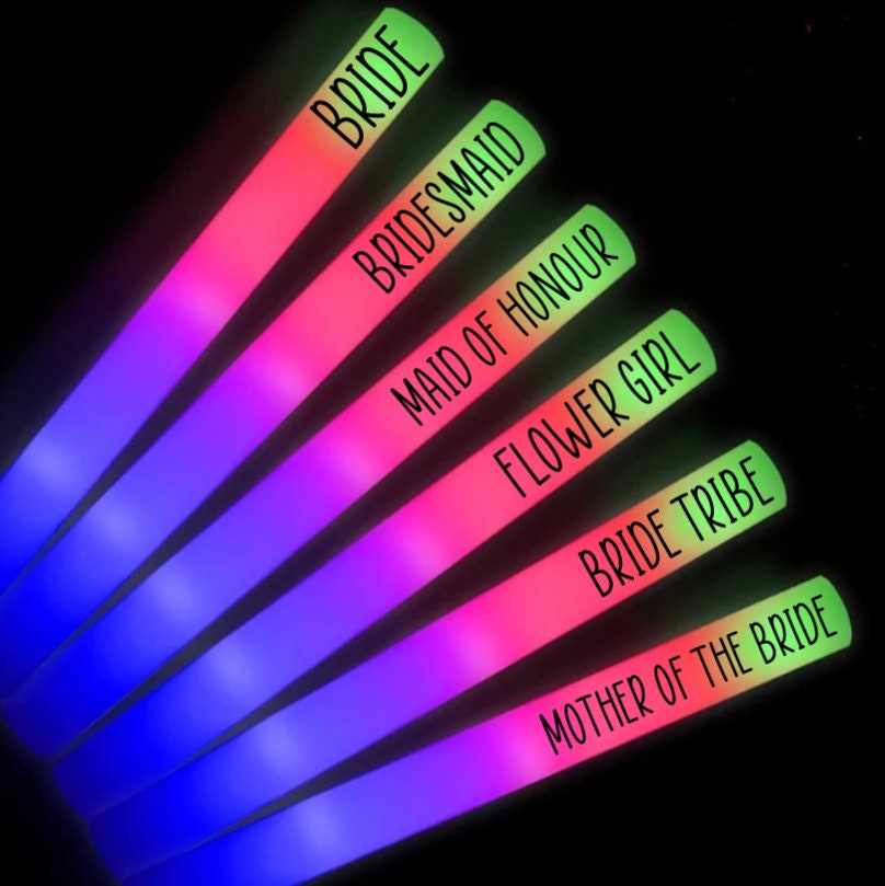 Personalised Foam Glow Sticks, LED Glow Sticks, Wedding Party, Hen Do Favours, Stag Do Party, Custom Glow Sticks, Wedding Lights, Concert