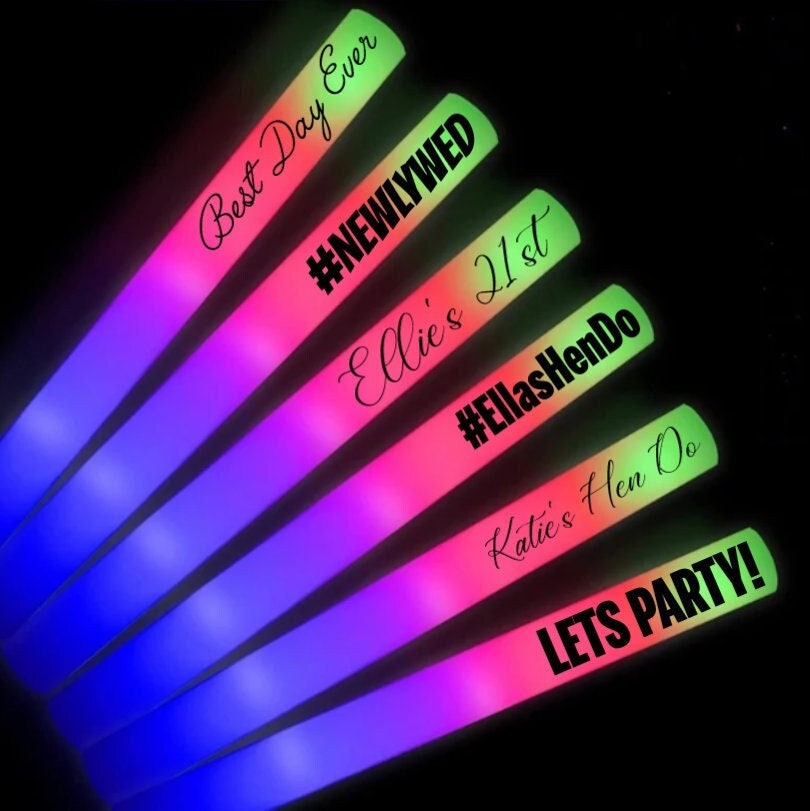 Personalised Foam Glow Sticks, LED Glow Sticks, Wedding Party, Hen Do Favours, Stag Do Party, Custom Glow Sticks, Wedding Lights, Concert