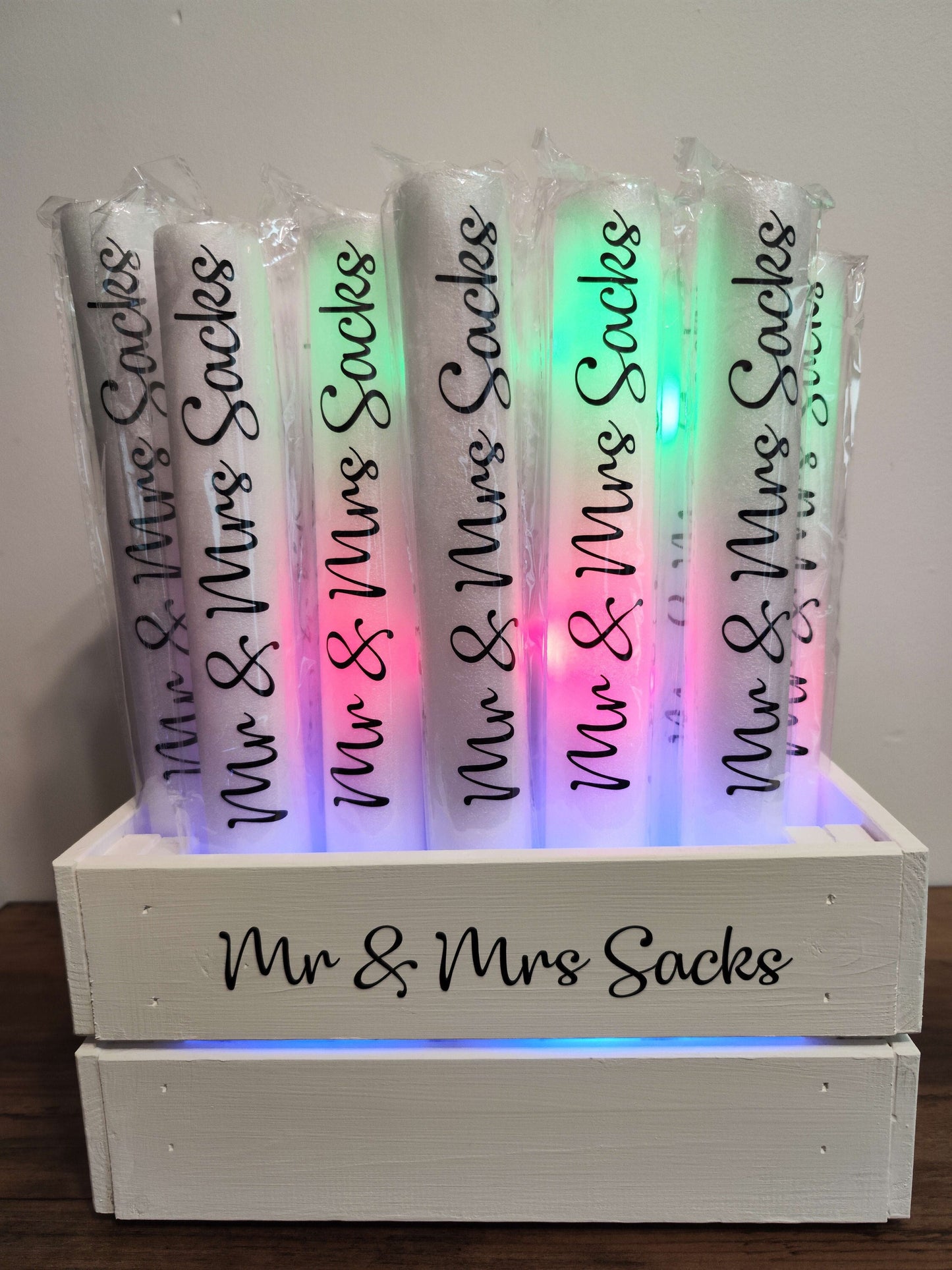 Personalised Wedding Foam Glow Stick Wooden CRATE | Glow Sticks | Wedding Keepsake | Wedding Party | Hen Do Favours | Bridal party